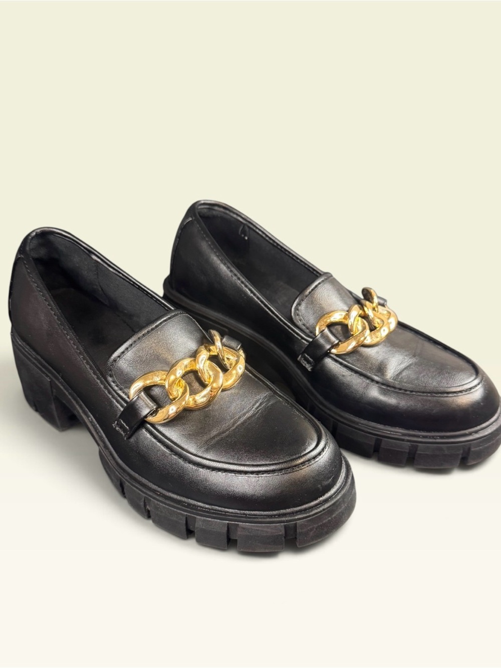 Women's Black Chunky Loafers with Gold Chain Accent Size 8